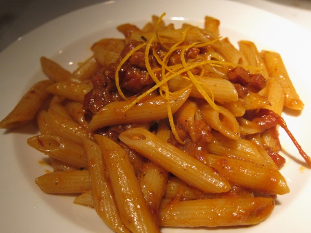 Penne with Chorizo and Cherry and orange zest